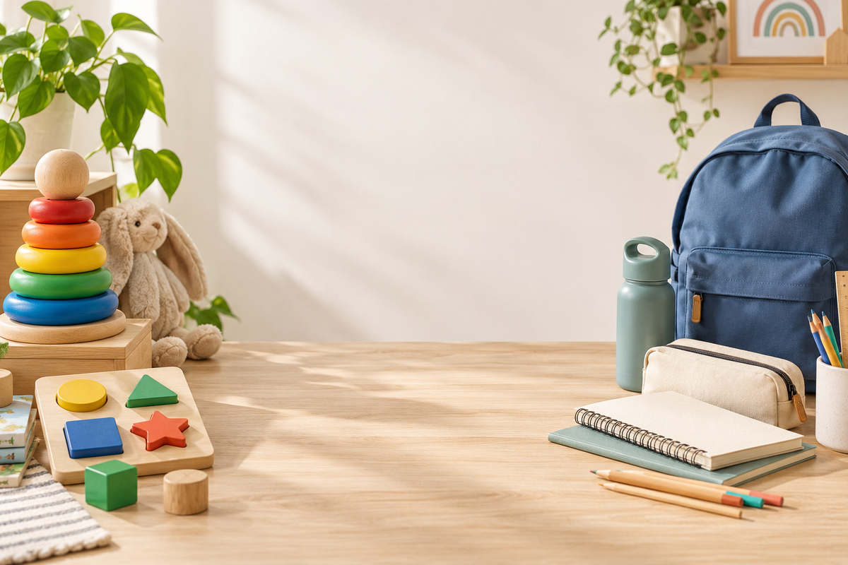 Wooden toys, a school bag and stationery