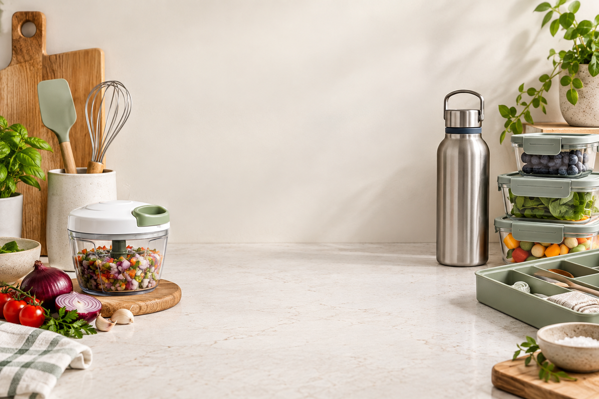 Kitchen accessories, a water bottle and food storage