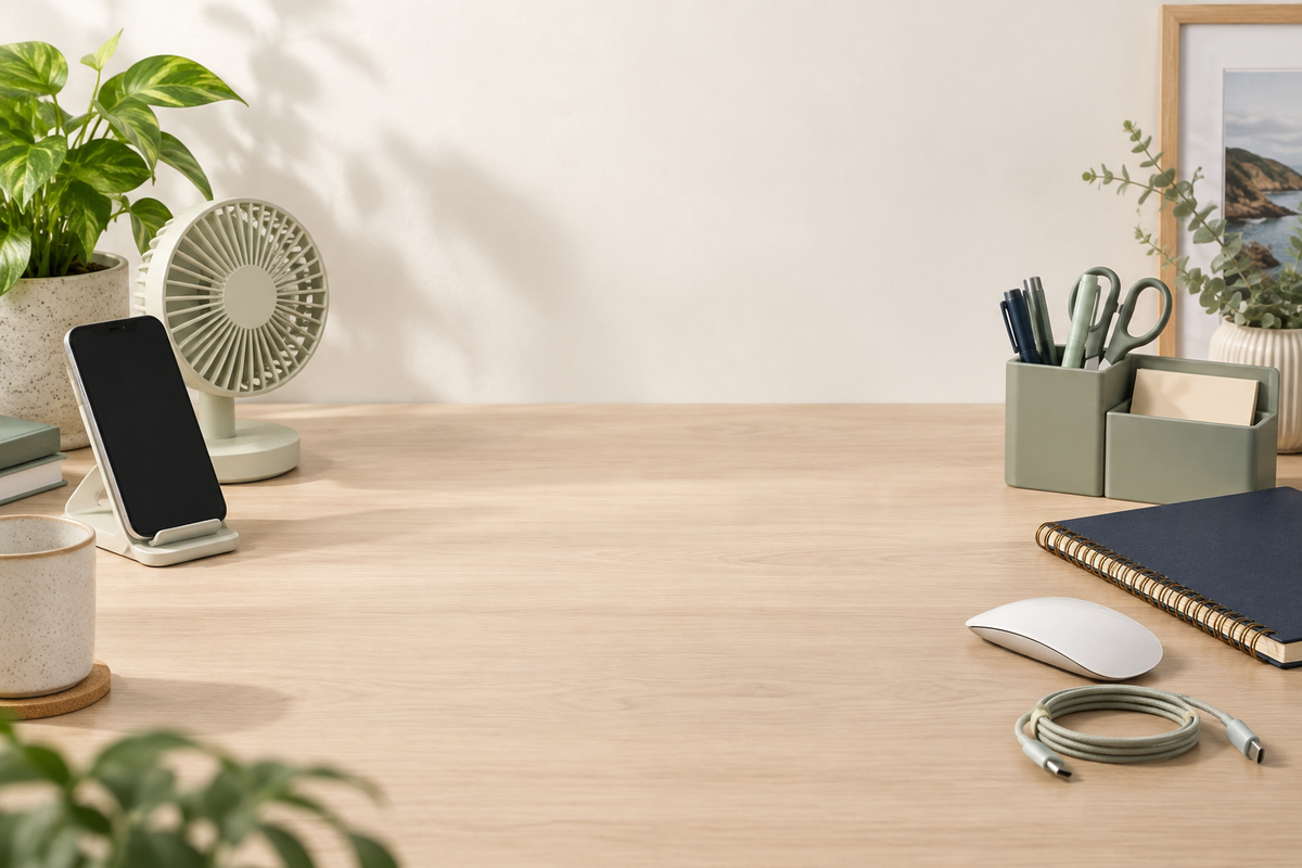 Desk accessories, stationery, a fan and a charging cable