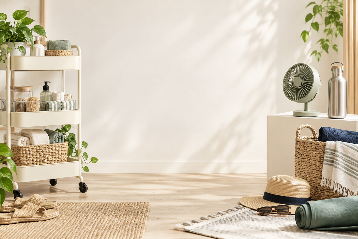 A storage trolley, baskets, a desk fan and water bottle