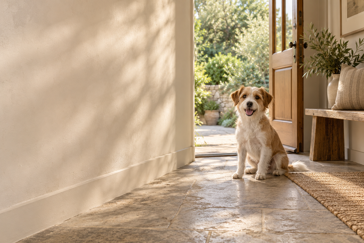 A small dog in a sunlit entryway opening onto a garden